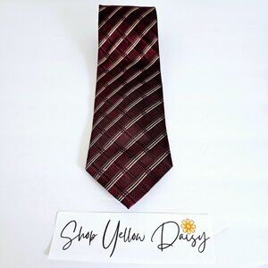 Mens Foggia Silk Necktie Burgundy Plaid Diagonal Stripe Handmade Classic Tie